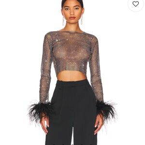 Elegant Black Feather-Trimmed Crop Top